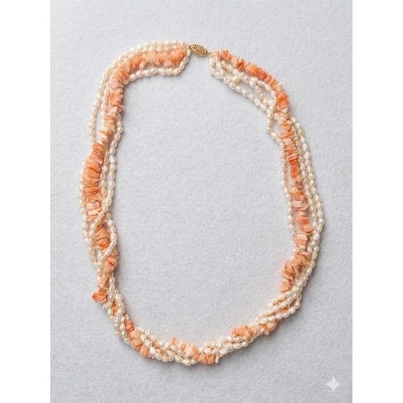 Unbranded Jewelry - Vtg Pink Coral Freshwater Keshi Pearls Necklace 14K Gold Clasp Multi Strand Lux